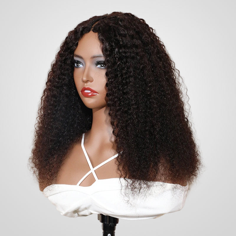 jerry curly v pary wig on wig stand side view