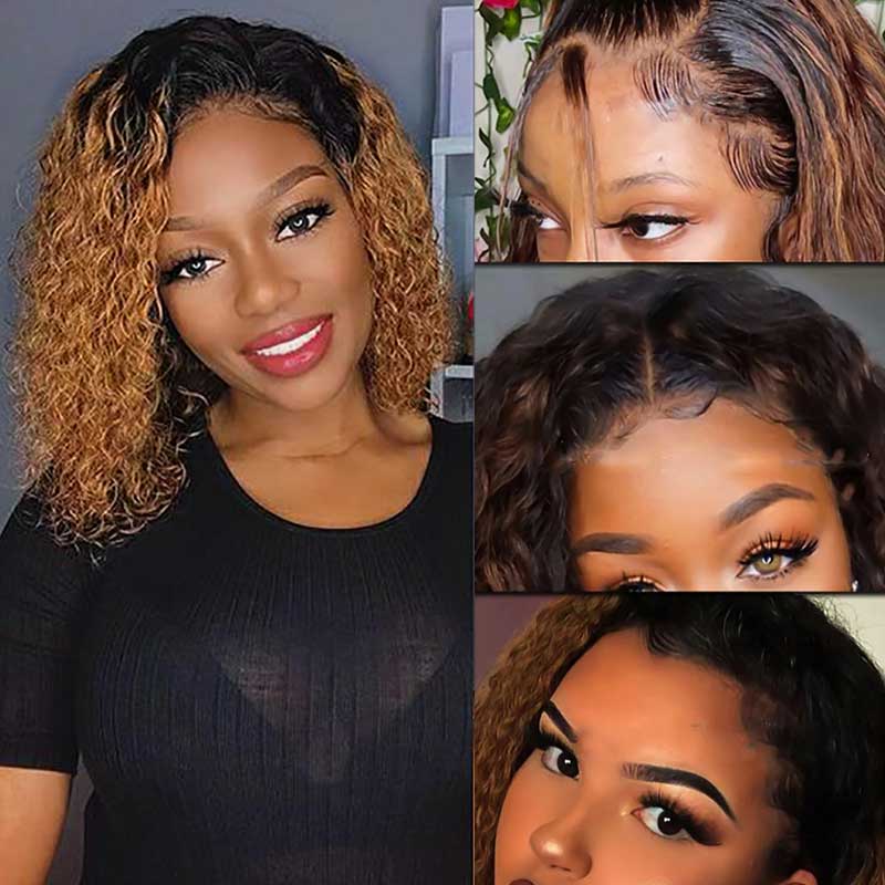 luxurious curly ombre bob wigs, 1B/30 Brazilian human hair short bob lace frontal wigs for Black women