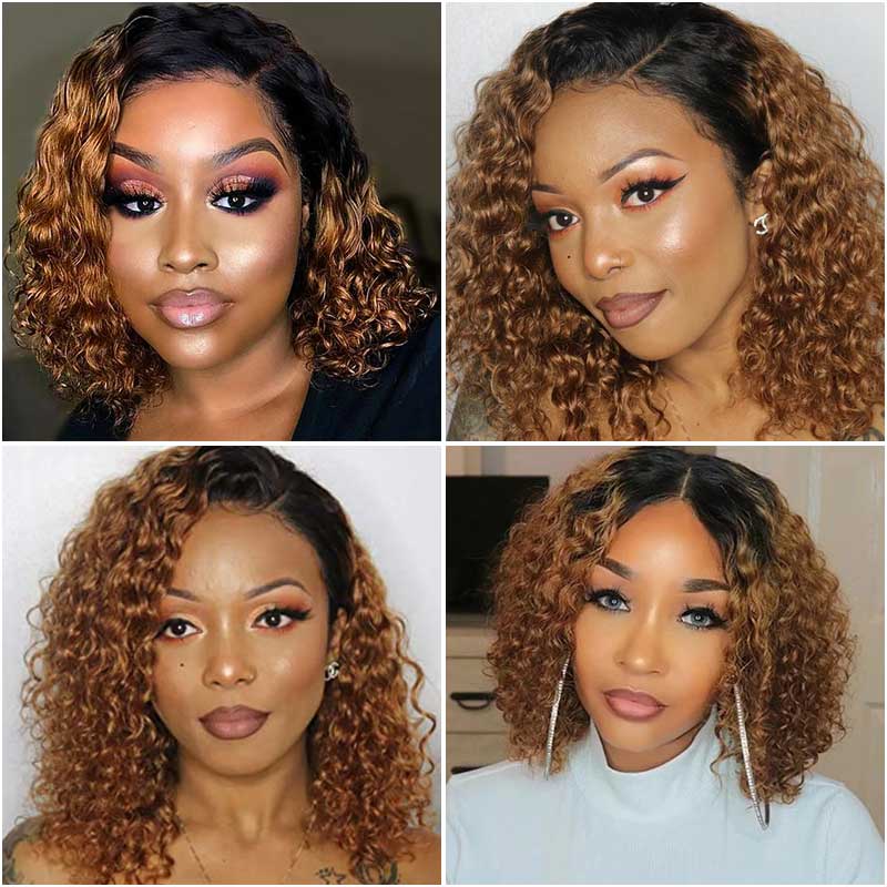 high-quality ombre 1B/30 curly bob wigs, 13x4 lace frontal Brazilian human hair short bob wigs for Black women