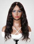 body wave v part wig on wig stand front view