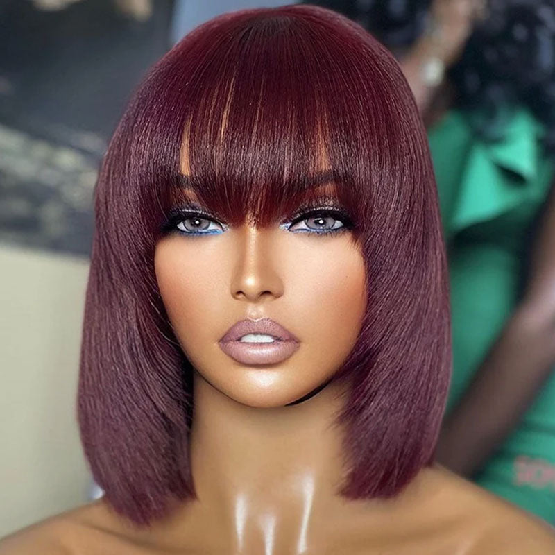Human hair bob wig with bangs, straight style, vibrant 99J color