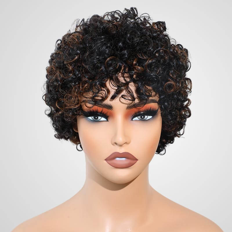 cute short curly pixie cut wigs with bangs, perfect for black women