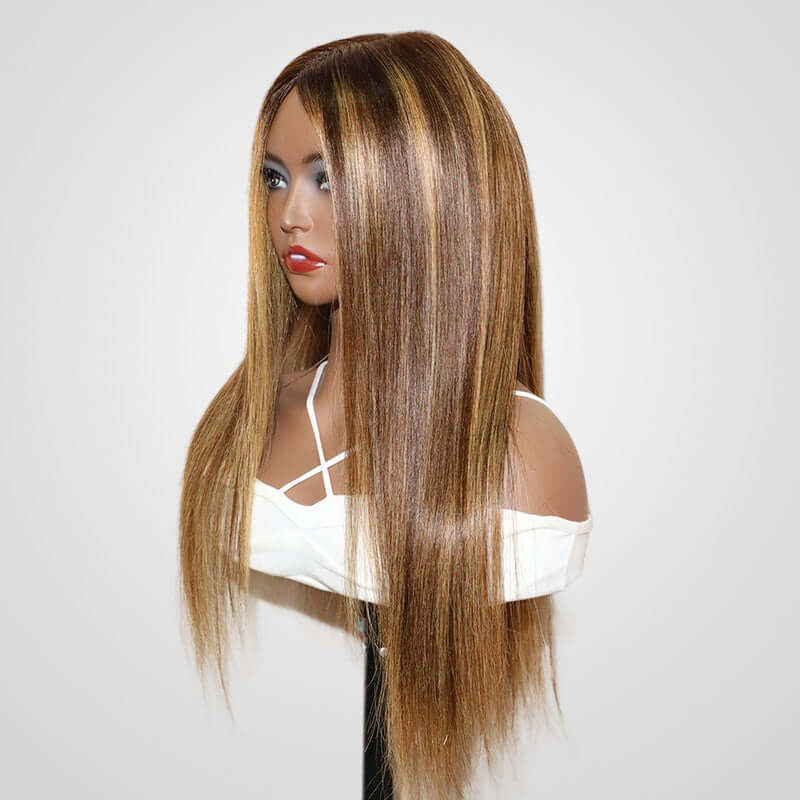 #4/27 colored highlight silky straight v part wig on wig stand side view