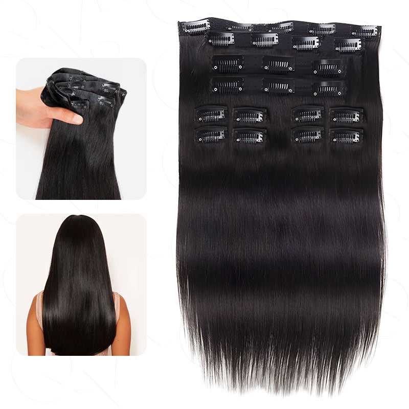 QVR Straight 10Pcs Seamless Clip in Hair Extensions Natural Black Human Hair