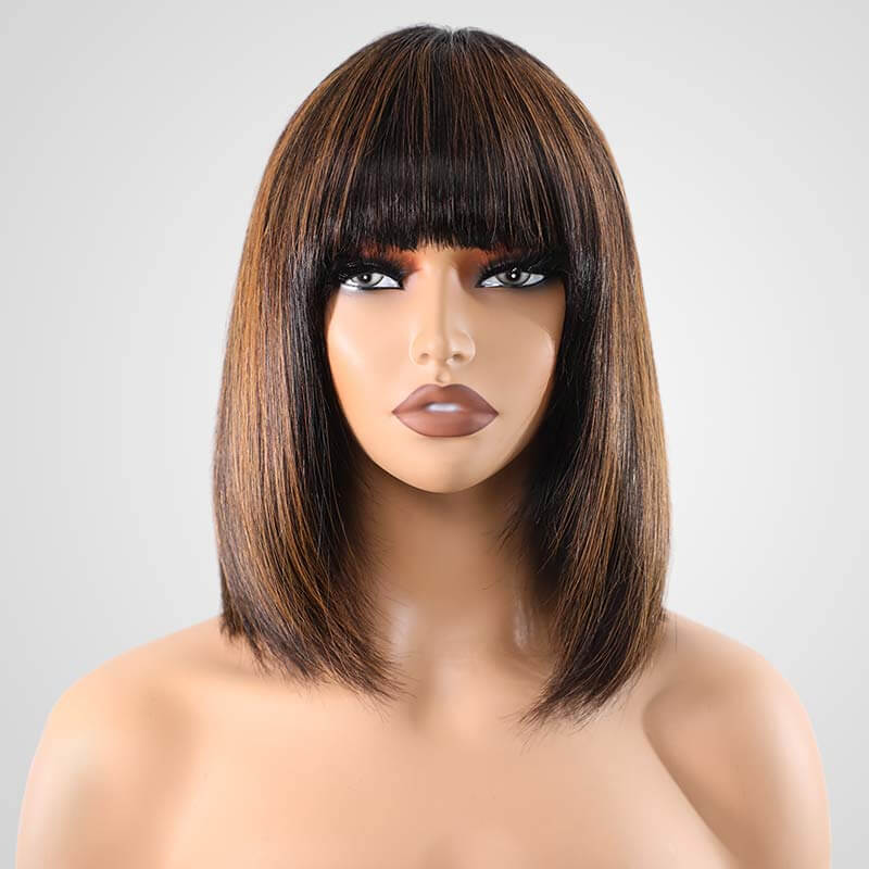 layered bob wigs in natural 1B/30 with soft fringe