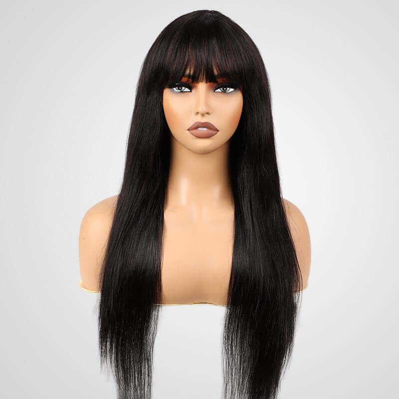 qvr wigs silk straight human hair wigs with bangs