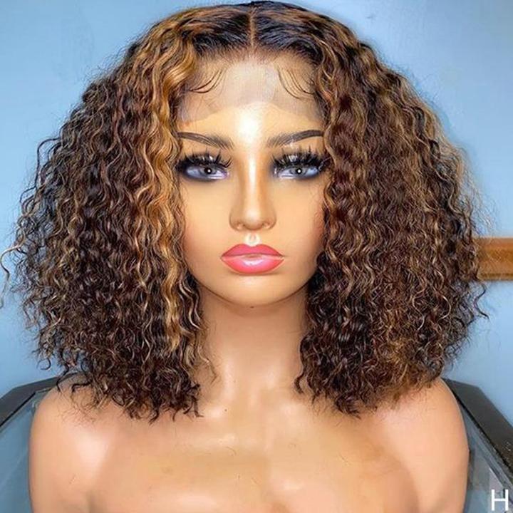 highlighted deep curly bob wigs, ombre honey brown 4x4 lace closure bob wigs for natural Black hair