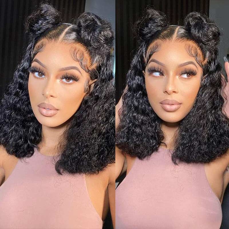 natural black bob wigs with soft water waves, lace frontal short bob wigs for African American hair