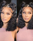 natural black bob wigs with soft water waves, lace frontal short bob wigs for African American hair