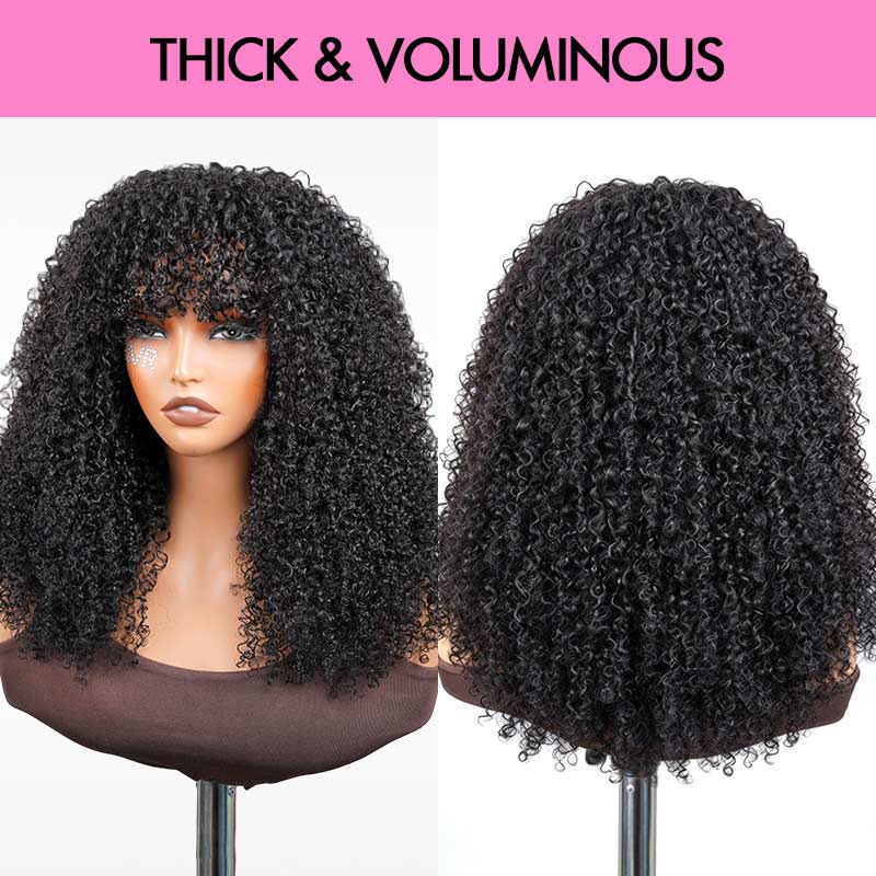 QVR Glueless Afro Curly Wig with Bangs High Density Fluffy Curly Human Hair for Black Women