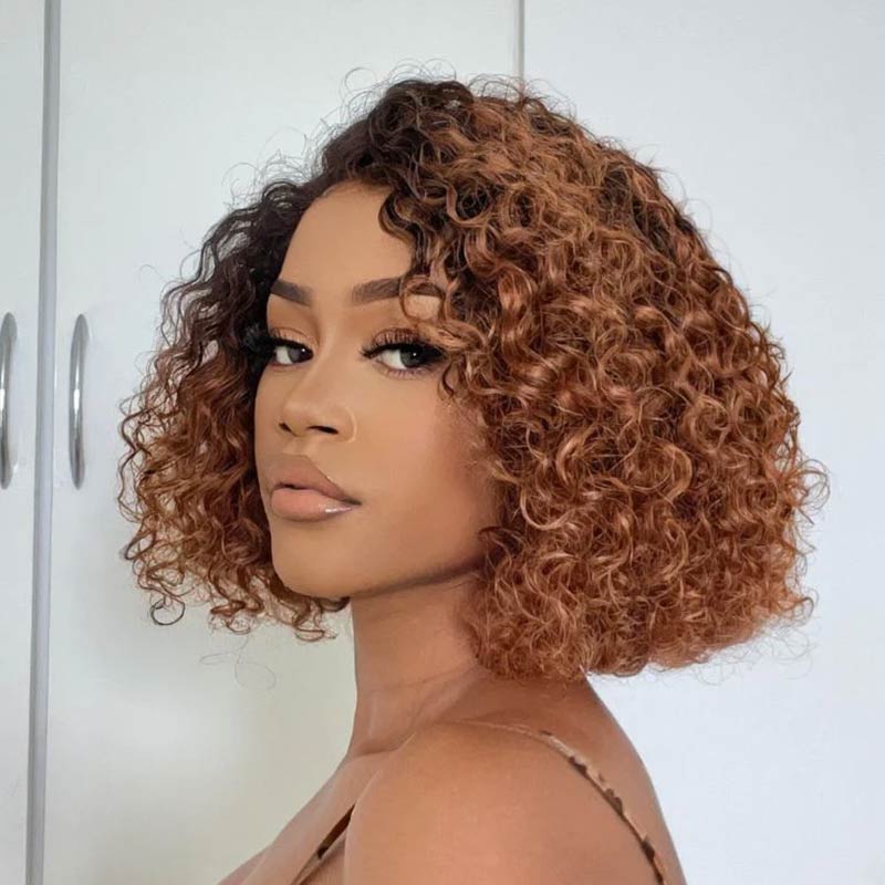 curly mix brown short bob wigs, glueless human hair bob wigs for Black women