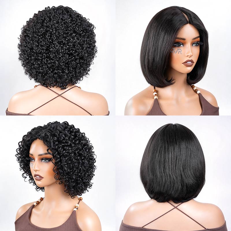 QVR 2-In-1 Style Switch Dream Curls Layered Kinky Curly &amp; Straight Invisible V Part Bob Wig