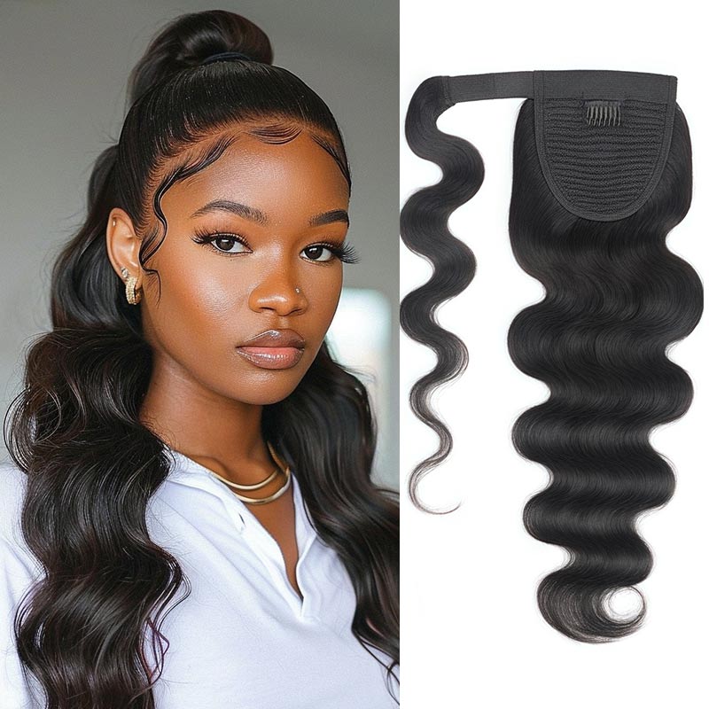 QVR Natural Black Body Wave Clip In Ponytail Hair Extensions