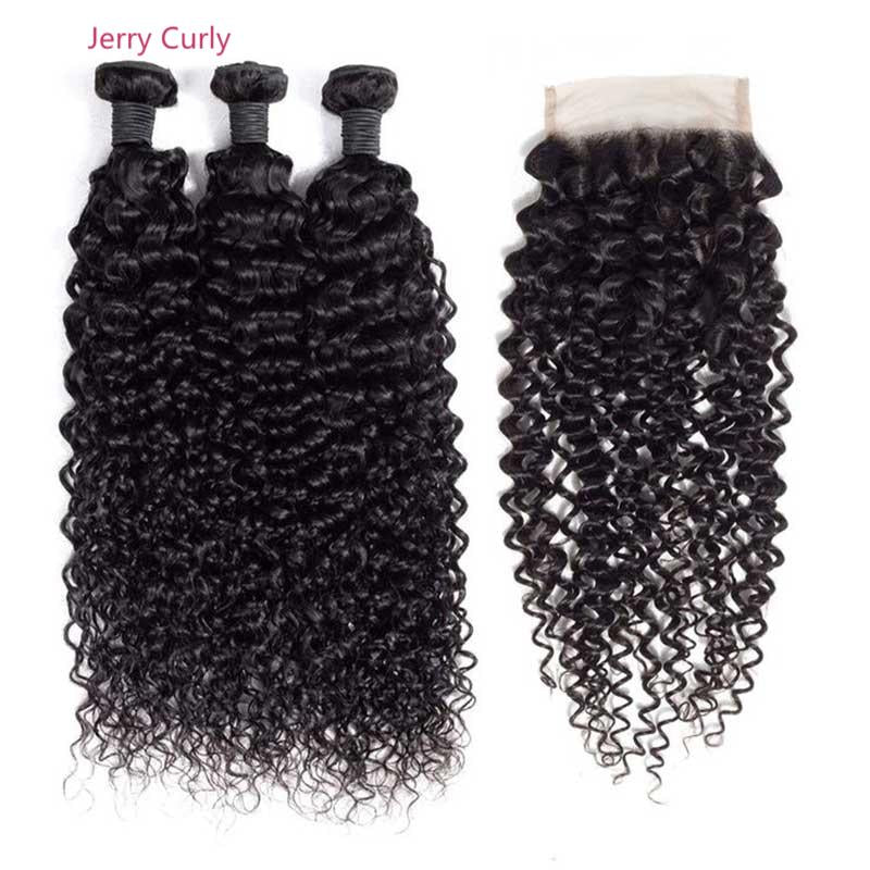 jerry curly natural black human hair bundles with 4x4 closured human hair weave