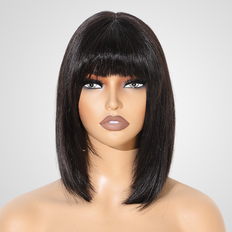 No lace straight bob wig, human hair, featuring natural black color