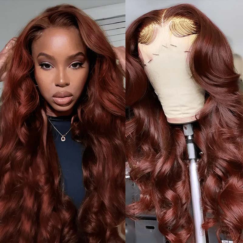 QVR Real Glueless 5x5 HD Transparent Lace Body Wave Wigs #33 Red Reddish Brown Auburn Color