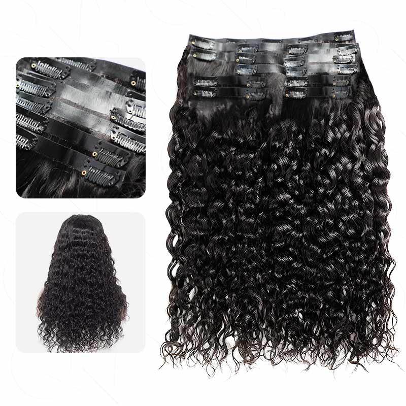 QVR Water Wave 10Pcs Seamless Clip in Hair Extensions Natural Black Human Hair