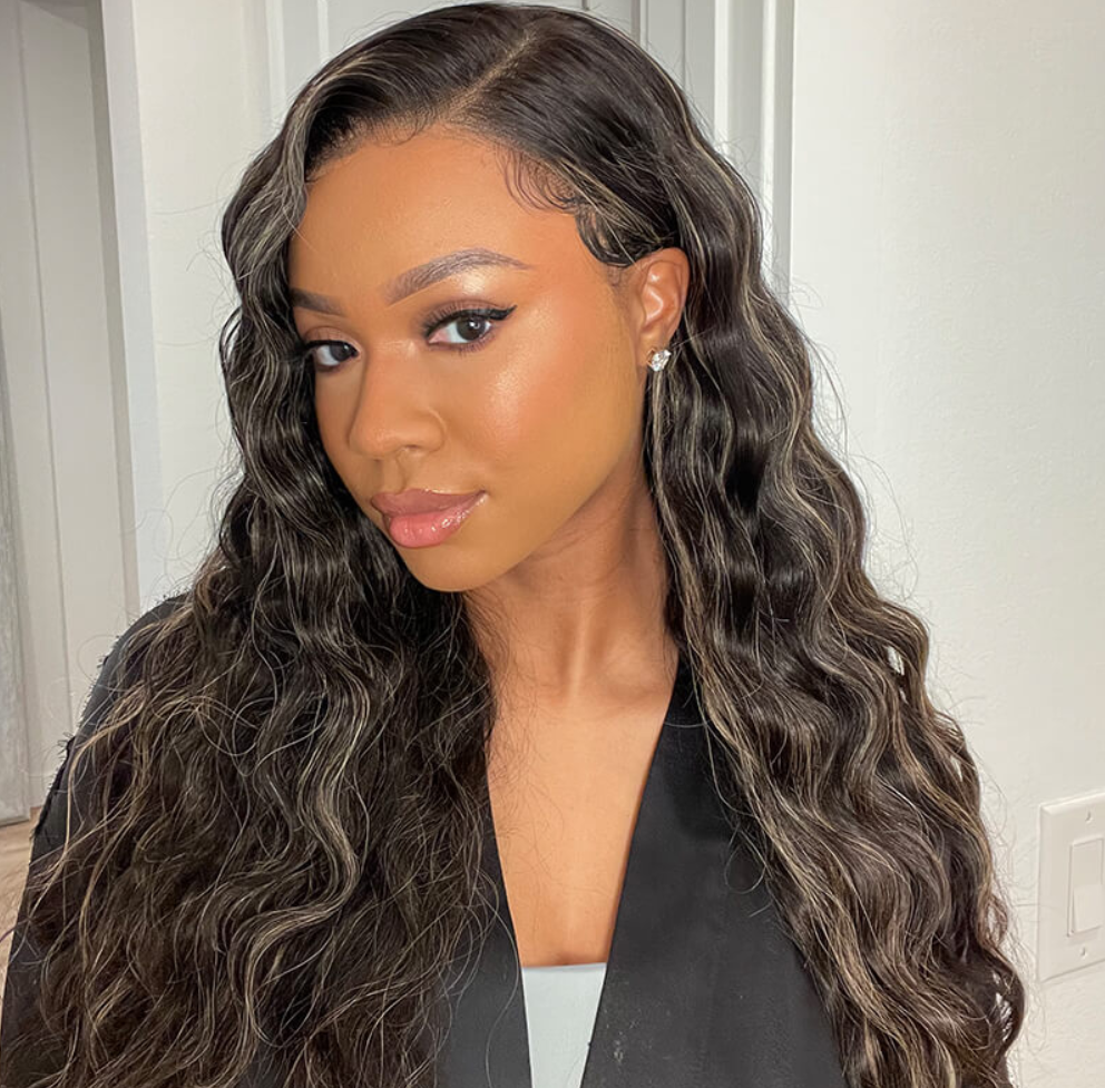 13x4 lace frontal wig with gold sand highlights and body wave