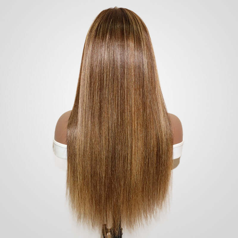 #4/27 colored highlight silky straight v part wig on wig stand back view