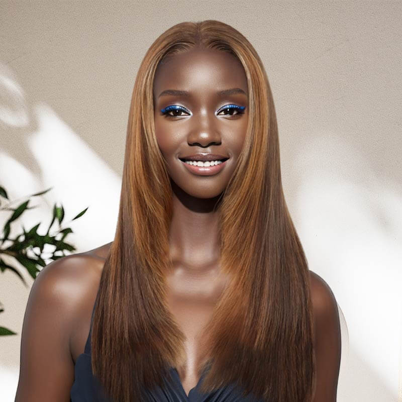 qvr straight layer cut glueless wigs with warm highlights for black women