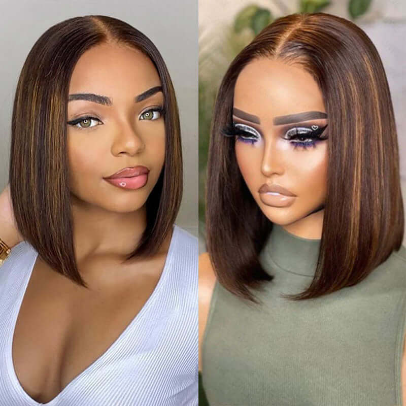 sleek and smooth mix brown highlights straight short bob wig