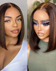 sleek and smooth mix brown highlights straight short bob wig