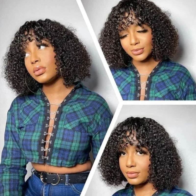 chic short bob wigs with bangs, water wave pixie cut