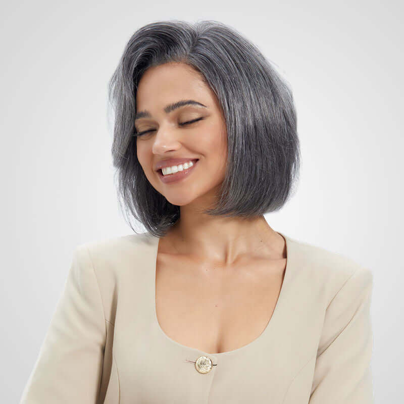 sophisticated human hair bob wigs in silver and black tones