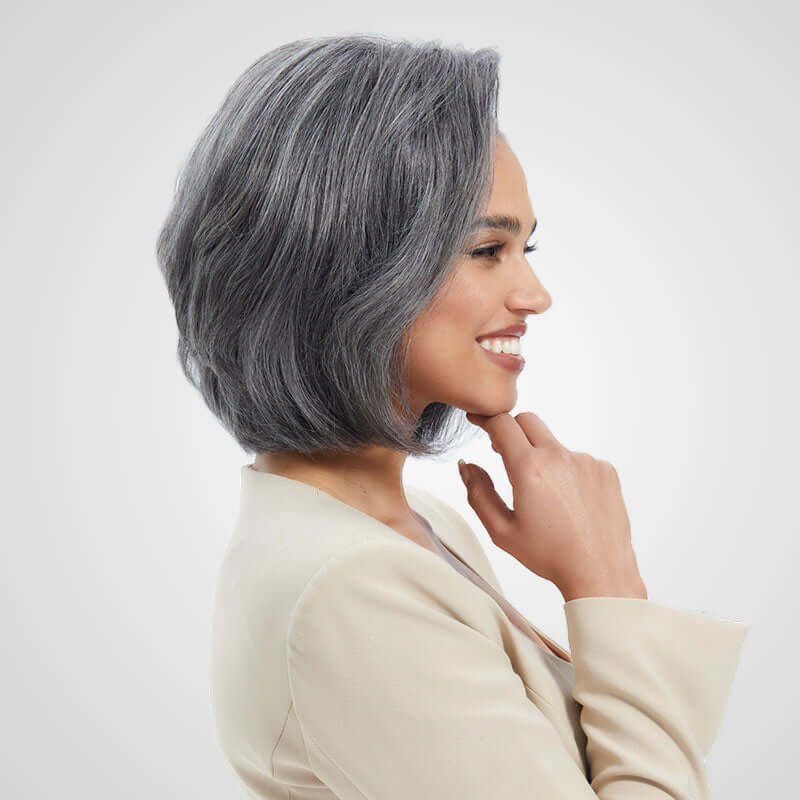 short bob wigs with sleek texture and mature salt and pepper color
