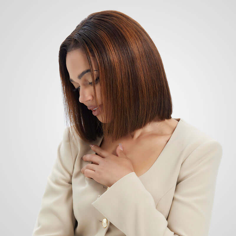 stylish brown highlighted straight bob wigs with 5x5 lace closure