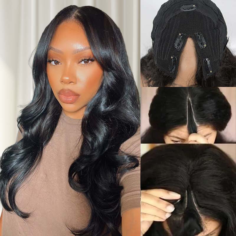 qvr gluess v part wig human hair wigs body wave texture no leave out