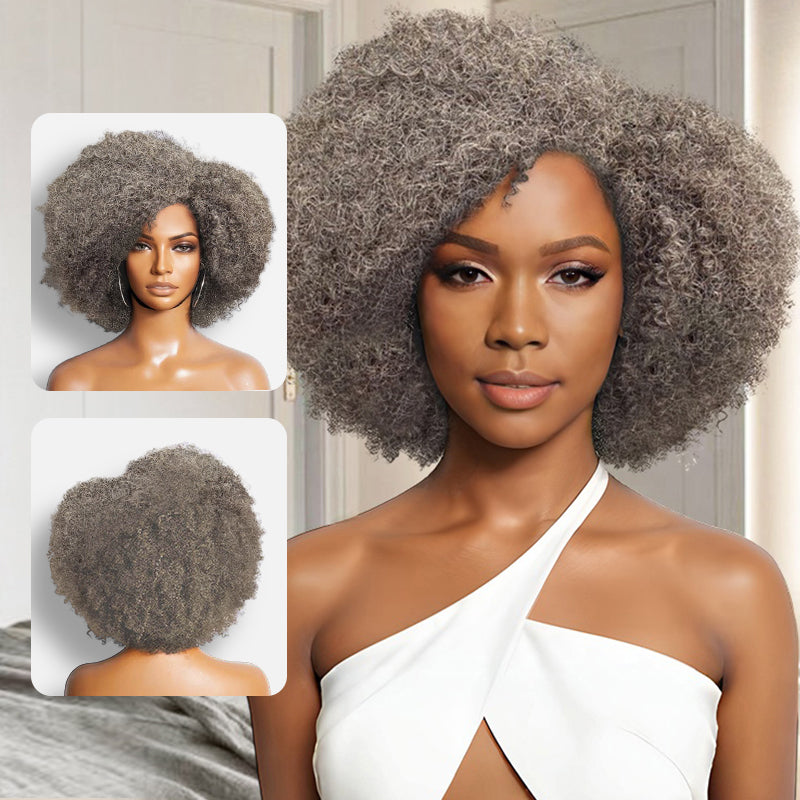 QVR Salt and Pepper Side Part Afro Curl Bouncy Human Hair Machine Made Glueless Wig