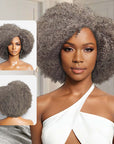 QVR Salt and Pepper Side Part Afro Curl Bouncy Human Hair Machine Made Glueless Wig