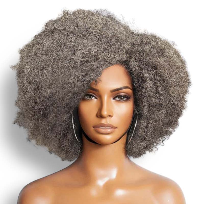 bouncy afro kinky human hair salt and pepper colored wigs