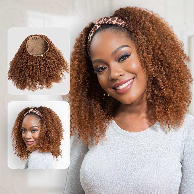 QVR Glueless Half Wig Auburn Brown 3 In 1 Kinky Curly Human Hair Protective Hairstyle