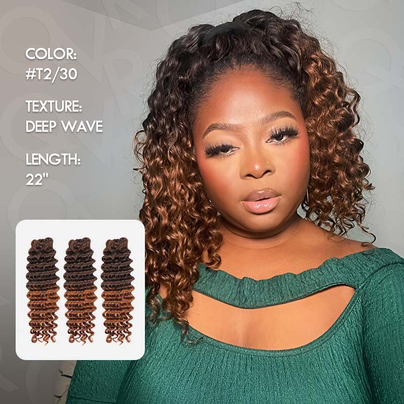 QVR Lightweight T2/30 Color Deep Wave Feather Crochet Braid Human Hair Extensions