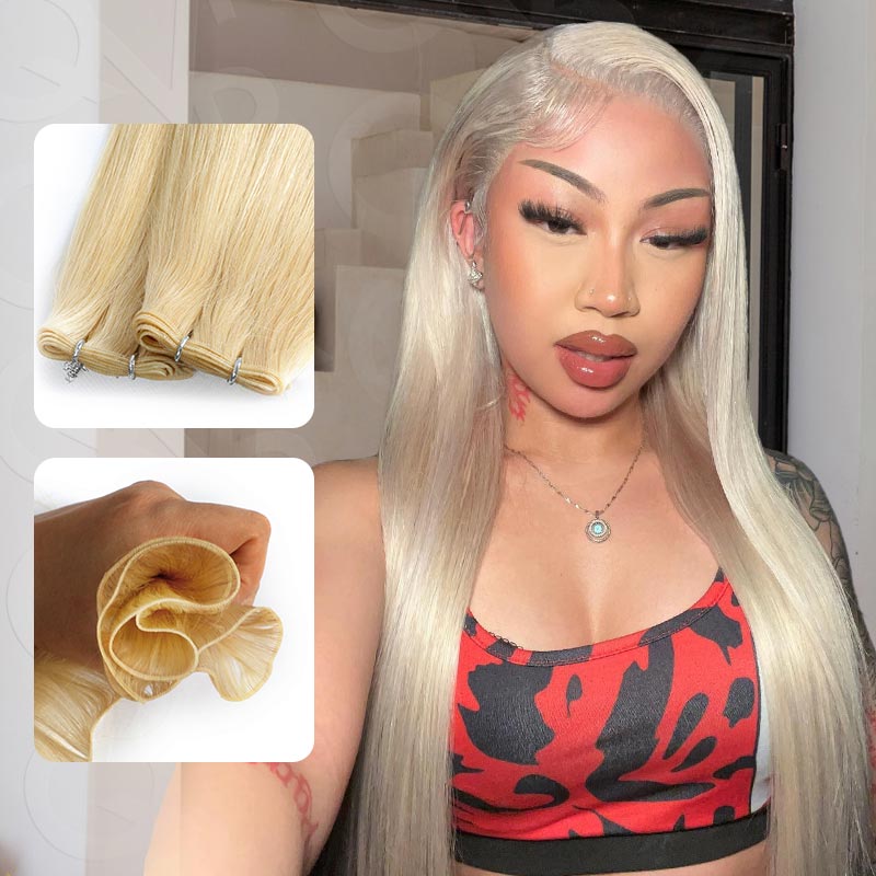 QVR Quick Weave Human Hair Bundles Blonde Straight Invisible Genius Weft Sew In Hair Extensions