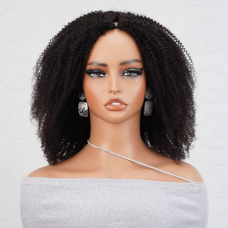 afro kinky curly v part wigs on wig stand front view