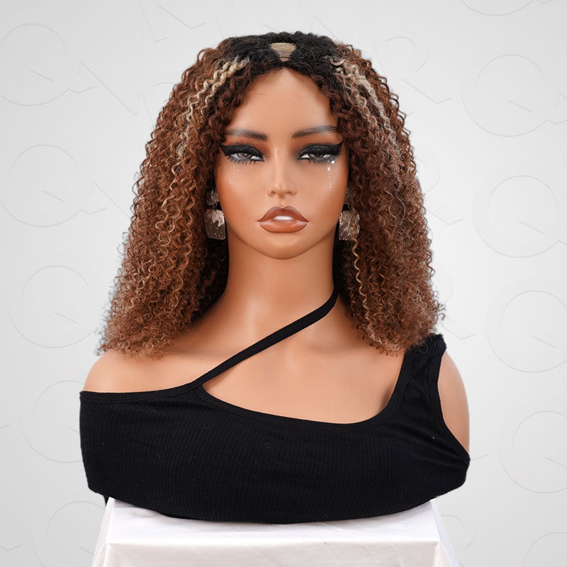 QVR Invisible Lace Edge Kinky Curly V Part Wigs Highlight #1B/33/30/613 No Leave Out Human Hair Wig