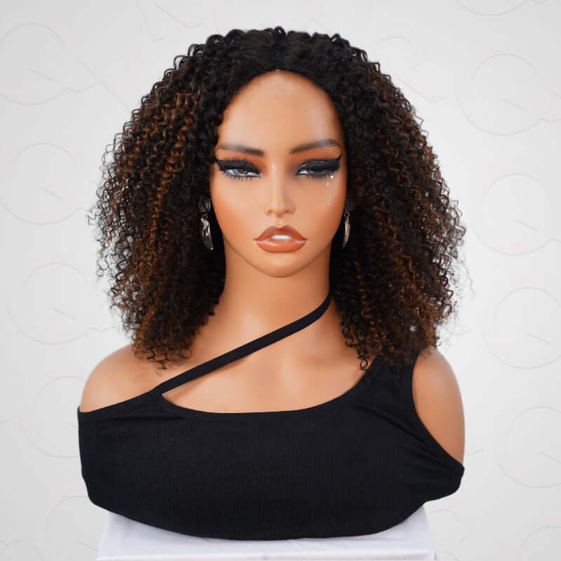 #1B/30 colored highlight kinky curly v part wig on wig stand front view
