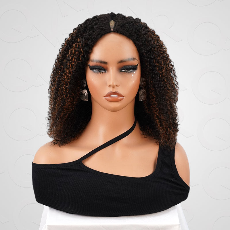 QVR Invisible Lace Edge Kinky Curly V Part Wigs Highlight #1B/30 No Leave Out Human Hair Wig