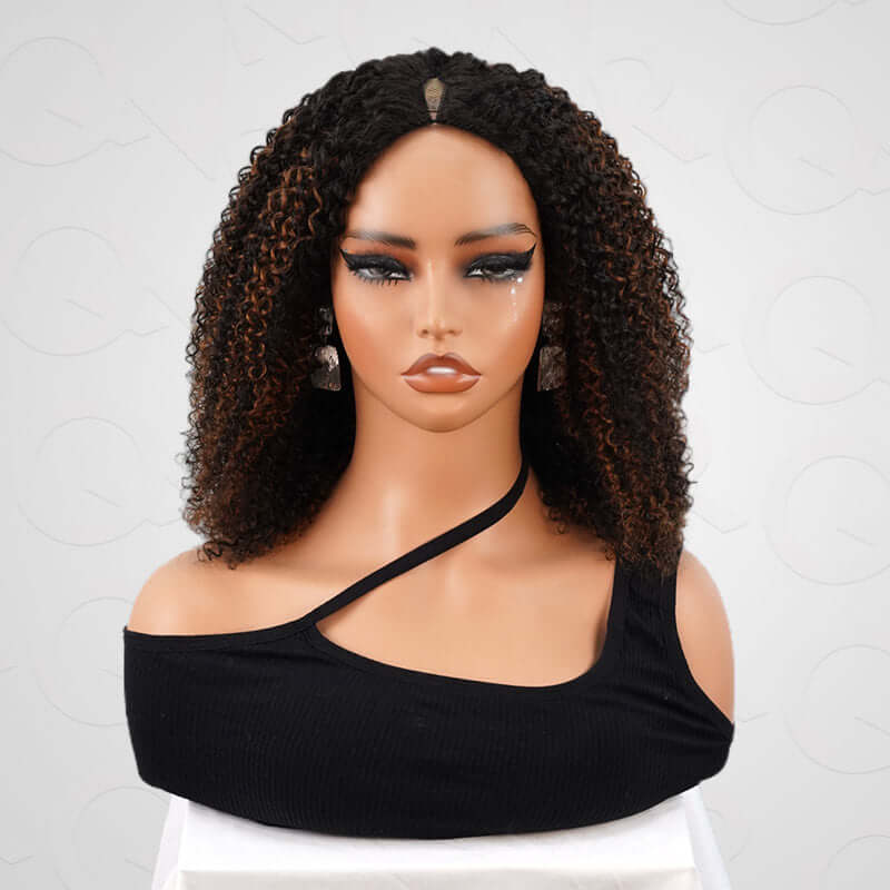 #1B/30 colored highlight kinky curly v part wig on wig stand front view