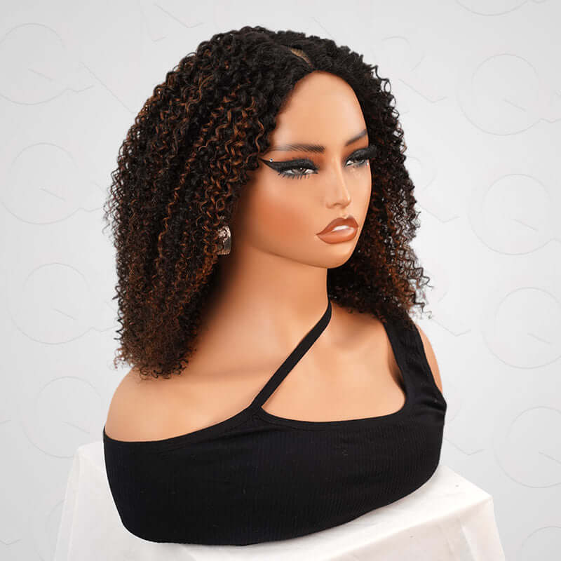 #1B/30 colored highlight kinky curly v part wig on wig stand left side view