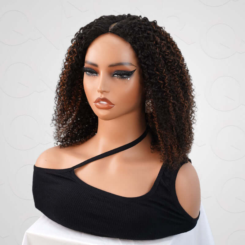 #1B/30 colored highlight kinky curly v part wig on wig stand right side view