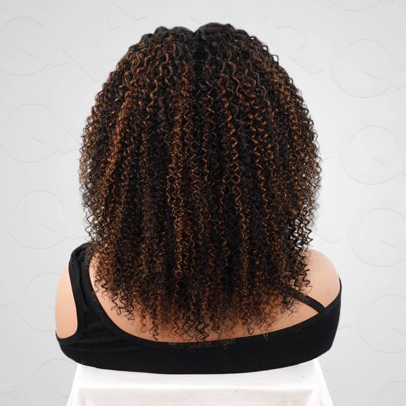 #1B/30 colored highlight kinky curly v part wig on wig stand back view