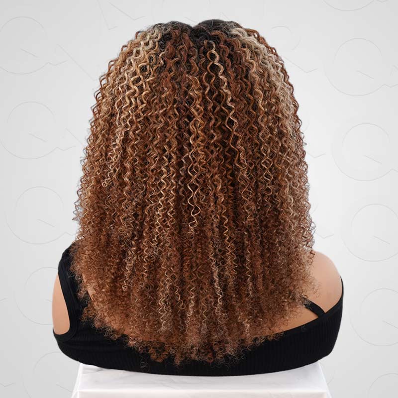 QVR Invisible Lace Edge Kinky Curly V Part Wigs Highlight #1B/33/30/613 No Leave Out Human Hair Wig