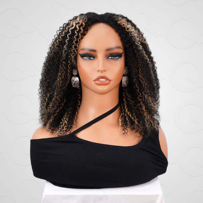 #1B/27/613 colored highlight kinky curly v part wig on wig stand front view