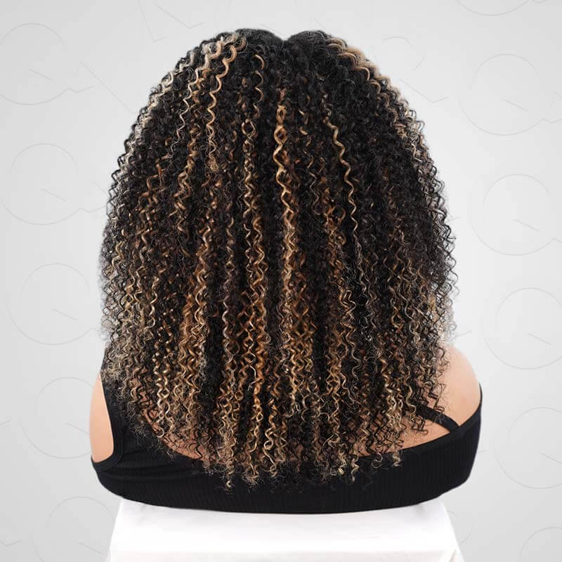 #1B/27/613 colored highlight kinky curly v part wig on wig stand back view