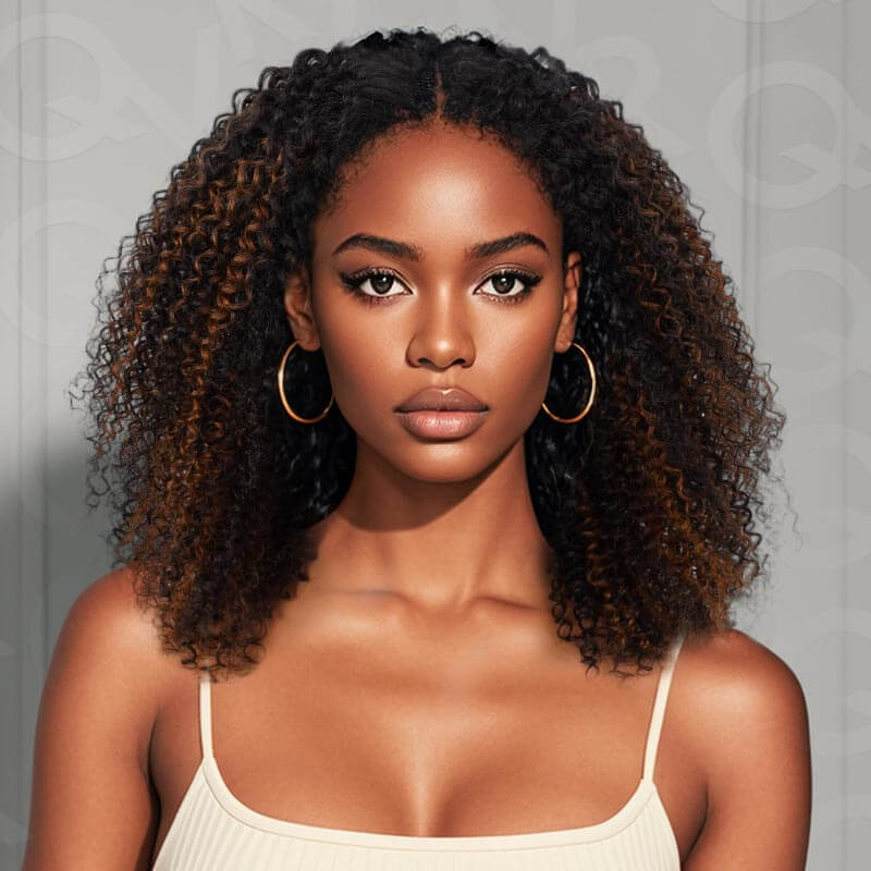qvr invisible lace edge kinky curly v part human hair wigs highlight colored