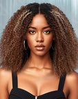 qvr invisible lace edge kinky curly v part human hair wig ombre colored
